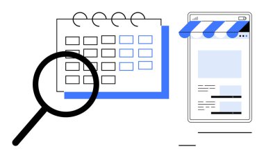 Takvim üzerinde büyüteç, dijital bir mağaza önü, planlama, organizasyon ve e-ticaret alanlarının yanı sıra. İş için ideal, zaman yönetimi, üretkenlik, planlama, çevrimiçi alışveriş