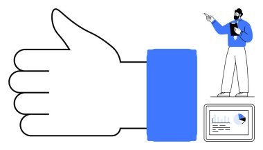 Tablet üzerinde veri tablosu sunan bir profesyonelin yanında büyük baş parmak işareti. Takım çalışması, başarı, liderlik, onay, verimlilik, iletişim, analiz için ideal. Düz basit metafor