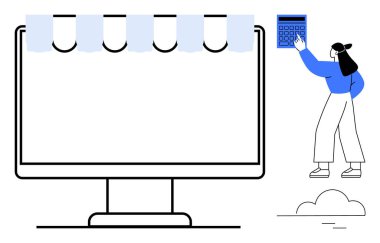 Mağaza önü güneşlikli bir masaüstü bilgisayarı ve elinde hesap makinesi olan bir kadın. E-ticaret, çevrimiçi ticaret, hesaplamalar, mali planlama, girişimcilik, dijital pazarlama, küçük işletme için ideal
