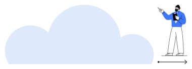 Tablet tutan adam, alttaki büyüme okuyla büyük bulutu işaret ediyor. Teknoloji, yenilik, bulut hesaplama, dijital çözümler, veri depolama, sunumlar, iş stratejisi için ideal. Düz basit