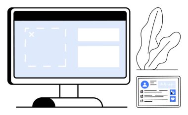 Arayüz ögeleri, kullanıcı profili kartı ve dekoratif yaprakları olan masaüstü monitörü. Kullanıcı deneyimi, profil yönetimi, dijital araçlar, uygulamalar, teknoloji arayüzü, takım için ideal