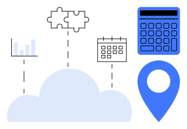 Çubuk grafiğe, bulmaca parçalarına, takvime, hesap makinesine ve lokasyon pimine bağlı mavi bulut. Veri yönetimi, işbirliği, analitik finans teknolojisi haritalaması için ideal. Düz basit