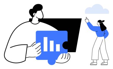 Veri çubuklu profesyonel grafik bulmacası parçası. Meslektaşım bulutu işaret ediyor. Takım çalışması, strateji, yenilik, problem çözme, veri yönetimi, işbirliği planlaması için ideal. Düz