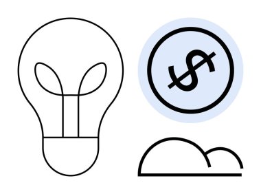 Fikirleri sembolize eden ampul, finans çemberi içinde dolar işareti ve teknoloji için bulut. Yaratıcılık, iş büyümesi, yenilik, finans, teknoloji, girişimcilik için idealdir.