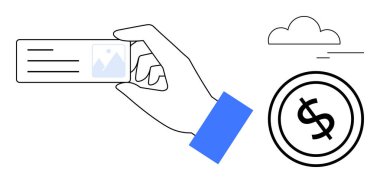 Elinde kimlik kartı, dolar para sembolü, minimalist bulut çizgisi. Finans, kimlik tespiti, kimlik doğrulama, teknoloji, güvenlik yeniliği dijital ekonomi için idealdir. Düz basit metafor