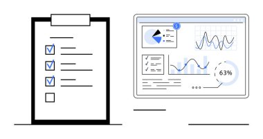 Çizelgeleri, grafikleri, analizleri ve ilerleme ölçümlerini gösteren bir bilgisayar ekranının yanında işaretli görevleri olan kontrol listesi. Üretim, planlama, veri analizi, proje yönetimi, strateji hedefleri için ideal