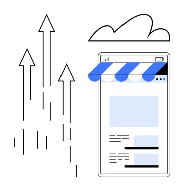 Tenteli akıllı telefon ekranı, yukarı doğru ilerleyen oklar ve bulut vurgusu e-ticaret, büyüme, ölçeklenebilirlik. Teknoloji, perakende satış, yenilik pazarlama stratejisi için ideal. Düz