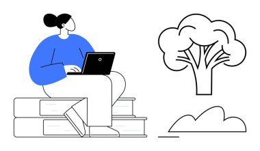 Dizüstü bilgisayarı olan bir kadın ağaç ve bulut şekilleriyle dolu kitapların üzerine oturur. Eğitim için ideal, çevrimiçi öğrenim, sürdürülebilirlik, yaratıcılık, büyüme, bilgi paylaşımı kendini geliştirme. Düz basit