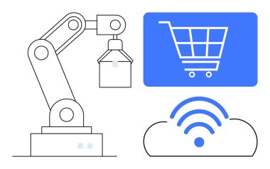 Robot kol kaldırma kutusu, dijital alışveriş arabası, kablosuz sinyalli bulut. Perakende satış, otomasyon, IOT, e-ticaret, lojistik tedarik zinciri yeniliği için ideal. Düz basit metafor
