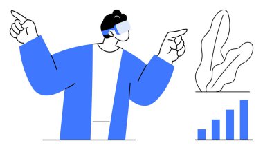 Sanal gerçeklik kulaklığı takan birey interaktif olarak işaret ediyor. Soyut bitki tasarımı ve bar çizelgesini içerir. Yenilik, teknoloji, analiz, ilerleme ve gelecekteki yaratıcılık için ideal. Düz