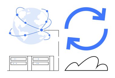 Dünya ağı, sunucu rafları, oklar ve veri paylaşımını gösteren bulut taslağı, bulut depolama, teknoloji, küresel bağlantı, senkronizasyon yedekleme ve bilişim sistemleri. Teknoloji için ideal