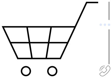 Şebeke yapısı ve tekerlekleri çağrı ikonuna göre tamamlanmış alışveriş arabası. Çevrimiçi alışveriş, e-ticaret, müşteri hizmetleri, perakende lojistik, mobil uygulamalar, sanal mağazalar, tüketici desteği için ideal. Düz