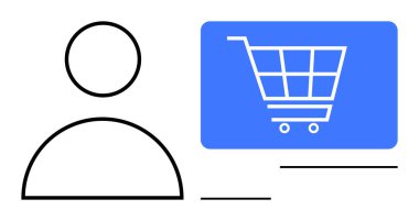 Dijital alışveriş arabasının yanında minimalist kullanıcı simgesi. E-ticaret, kullanıcı arayüzü, alışveriş, perakende satış, çevrimiçi satın alma, kişiselleştirme ve dijital ekonomi için ideal. Basit düz metafor