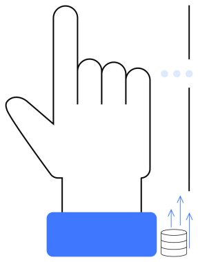 İşaret parmağı uzatılmış dikey el hareketi, küçük veri yığını ve yukarı doğru oklar. Arayüz, navigasyon, veritabanları, yenilik, kullanıcı girişi, analiz, düz basit metafor için ideal