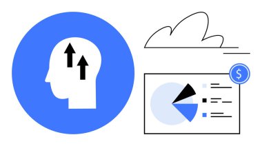 Büyümeyi, pasta grafiğini, listeyi, bulutu ve dolar ikonunu sembolize eden yukarı doğru okları olan insan kafası silueti. İş, finans, strateji analizi, ilerleme eğitim kavramları için idealdir. Düz basit