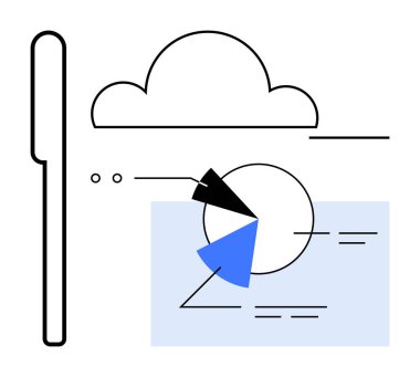 Analitik elementlere sahip bulut simgesi, segmentli pasta grafiği ve biçimlendirilmiş veri noktaları da dahil. Veri depolama, bulut hesaplama, analiz, istatistik, iş stratejisi, dijital araçlar, düz