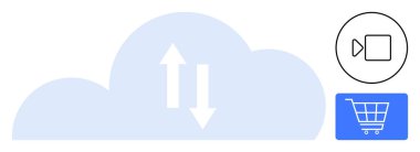 Okları yükleyip indiren büyük bulut grafiği, video çağrı ikonu ve alışveriş arabası. Bulut depolama, veri paylaşımı, çevrimiçi alışveriş, dijital iletişim, SaaS, bağlantı düzlüğü