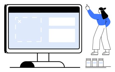 UI tasarım elementleri, kadın jestleri, yakınlarda kavanozlar olan monitörler. Web tasarımı, içerik yönetimi, UX, eğitim, beyin fırtınası, yaratıcılık düz metaforu için ideal