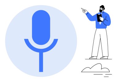 Büyük mavi mikrofon sesi ve iletişimi simgeler. Erkekler ise sunumda el kol hareketi yapar. Topluluk önünde konuşma, yayın, liderlik, eğitim, eğitim, ses kaydı için ideal. Düz basit