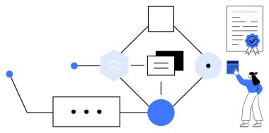 Çizgilerle bağlantılı akış şeması elementleri, tabletle uğraşan kadın ve sertifikalı belge. İş akışı tasarımı, otomasyon, belge işleme, sertifika, proje yönetimi, teknoloji için ideal