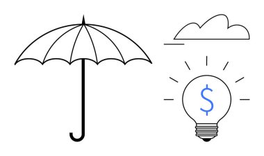 Şemsiye yanında bir bulut ve bir dolar işareti ile aydınlatılmış ampul koruma, beyin fırtınası ve finansal büyüme taşır. Tasarruf, sigorta, yenilik, yatırım ve risk için ideal