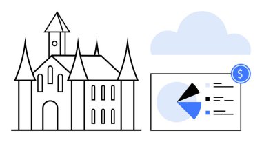 Pasta grafiği ve finansal analizleri vurgulayan bulut elemanının yanında bir kale. İş, finans, mimari, miras, ekonomi, veri ve modern teknolojiler için idealdir. Düz basit metafor