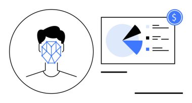 Tanımlama ızgarası, pasta grafiği ve para birimi simgesi içeren analitik gösterge paneli ile karşı karşıya. Teknoloji, veri analizi, finans, güvenlik, biyometrik ve yenilikçi iş stratejileri için ideal