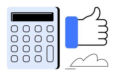 Sayısal tuş takımlı hesap makinesi ve baş parmak işareti hesaplama, onay ve başarıyı gösteriyor. Finansal araç, karar verme, verimlilik, pozitiflik, üretkenlik, strateji düzlüğü için ideal