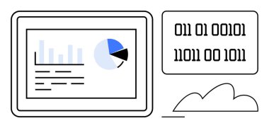 Bar grafiği, pasta grafiği ve metin içeren tablet ekran, ikili kod ve bulut sembolüyle çevrili. Teknoloji, veri analizi, bulut hesaplaması, dijital dönüşüm, istatistik işi için ideal