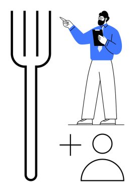 Adam panoyu tutarken işaret ediyor, büyük boy çatal grafiği ve kullanıcı simgesinin yanında duruyor. Rehberlik, eğitim, yemek servisi, kimlik, takım çalışması ve liderlik için ideal. Düz basit