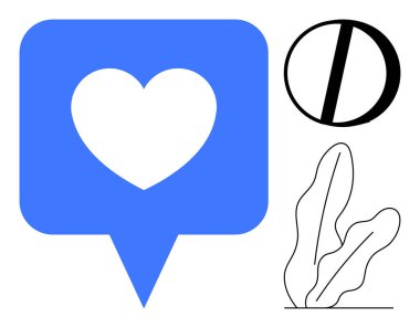 Kalp ikonlu mavi sohbet balonu, kalın geometrik daire, minimalist bitki çizgisi. Sosyal medya, iletişim, aşk, dijital etkileşim, bağlantı için ideal, minimalizm düz metafor