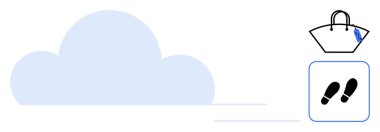 Ayak sesleriyle birlikte bulut simgesi ve bagaj etiketli seyahat çantası. Seyahat, keşif, macera, yolculuk, tatil planlaması, seyahat tutkusu, turizm ilhamı, soyut düz metafor için ideal