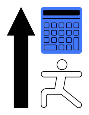 Yukarı doğru ok, mavi hesap makinesi ve çubuk figürü gelişim, finans ve refahla bağlantılı. Hedefler, verimlilik, finansal sağlık başarısı dengesi için idealdir. Düz basit