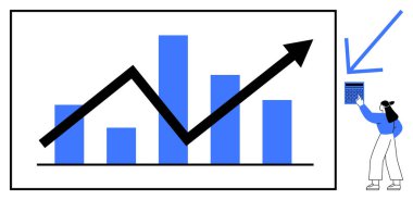 Yükselen büyüme eğilimini gösteren çizelge, analiz için hesap makinesi tutan kadın. İş stratejisi, veri büyümesi, mali planlama, pazar eğilimleri, hedef başarısı, analitik, düz sade
