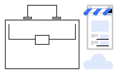 Mobil çevrimiçi mağaza önü ve bulut simgesine sahip minimalist çanta, işi, e-ticareti, dijital bağlantıyı ve bulut deposunu sembolize ediyor. Girişimcilik için ideal, online alışveriş, bulut