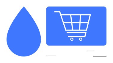 Dijital ekrandaki alışveriş arabasının yanına mavi su damlası. E-ticaret, sürdürülebilirlik, su tasarrufu, alışveriş, çevre dostu girişimler, dijital pazarlama, düz basit metafor