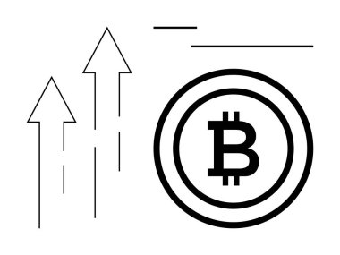 Kalın Bitcoin logosu, büyüme, yenilik ve finansal gelişmeyi sembolize eden üç yukarı doğru ok ile eşleştirildi. Kripto para birimi, fintech, yatırım, büyüme, küresel ekonomi ve engel zinciri için ideal
