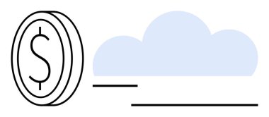 Mavi bulut elementinin yanında basit çizgileri olan dolar sikkesi. Finans, bulut hesaplama, çevrimiçi bankacılık, fintech, teknoloji, dijital depolama, ekonomik kavramlar için ideal. Düz basit metafor