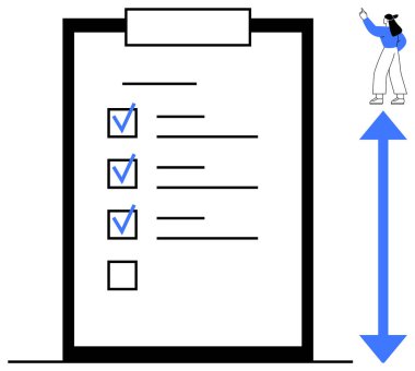İşaretli görevleri olan kontrol listesi, ilerlemeyi kutlayan küçük bir kadın ve büyümeyi sembolize eden yukarı doğru ok. Organizasyon, verimlilik, tamamlama, planlama, hedef belirleme başarısı için idealdir. Düz