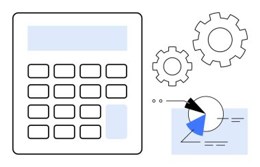 Hesaplamalar, veri analizi ve işlem optimizasyonunu gösteren hesap makinesi ve pasta grafiğinin yanı sıra. Finans, muhasebe, analitik, iş stratejisi, karar verme, bütçe