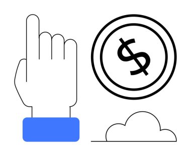 Bulutun üstündeki bir doları işaret ederek. Finans, işlemler, çevrimiçi ödemeler, fintech, bulut teknolojisi, para yönetimi, karar verme metaforu