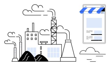 Fabrika dijital bir mağazanın yanında duman yayıyor, imalat ve e-ticaret endüstrilerini birleştiriyor. Yenilik, iş büyümesi, tedarik zinciri, teknoloji eğilimleri, sürdürülebilirlik için ideal