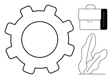 Vites verimliliği simgeler, evrak çantası profesyonelliği taşır ve bitki de büyümeyi temsil eder. Takım çalışması, iş çözümleri, kariyer geliştirme, liderlik, yenilik, işyeri dengesi için ideal