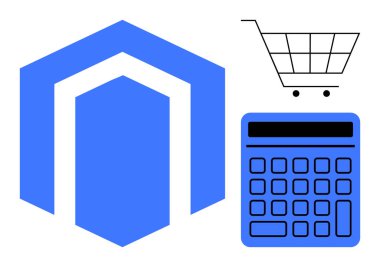 Soyut mağaza simgesi, alışveriş arabası ve e-ticaret, perakende, iş analizi, çevrimiçi alışveriş, finansal planlama, dijital pazarlama ve teknolojiyi temsil eden hesap makinesi. Daire için ideal