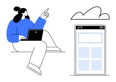 Dizüstü bilgisayar kullanarak buluta ve akıllı telefon arayüzüne doğru hareket eden bir kadın. Bulut hesaplama, dijital uygulamalar, eğitim, uzaktan çalışma, işbirliği, yenilik ve teknoloji için ideal. Düz basit