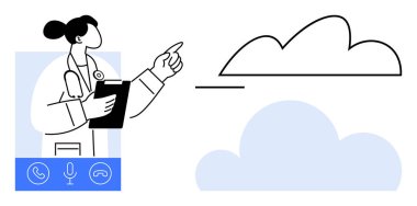 Bir pano tutan kadın doktor, bulutu işaret ediyor, sanal iletişim düğmeleri aşağıda. Teletıp, sağlık, bulut hesaplama, dijital iletişim, uzaktan çalışma, yenilik için ideal