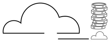 Para yığınının yanında bulut anahatları, teknoloji ile finans arasında bağlantı kuruyor. Bulut depolama, ekonomi, dijital hizmetler, fintech, yatırım, çevrimiçi kazanç için ideal, düz basit metafor