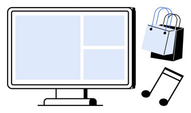 Bilgisayar monitörü şebekeyi, alışveriş çantalarını ve notaları gösteriyor. Ecommerce, online alışveriş, dijital pazarlama, multimedya içeriği, perakende satış, müzik akışı sanal deneyim için ideal