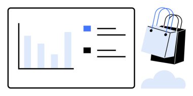 Alışveriş torbaları ve bulut elementi eşliğinde renk kodlu kategorilerle veri analizini gösteren çubuk çizelgesi. E-ticaret anlayışları, perakende raporları, piyasa analizi ve veri karşılaştırması için ideal