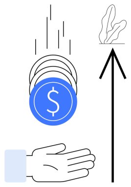 Bir bitkiyi işaret eden yukarı doğru ok ile bozuk paralar açık bir elin içine düşer. Finans, büyüme, yatırım, servet, karlılık, sürdürülebilirlik fırsatı için idealdir. Düz basit metafor